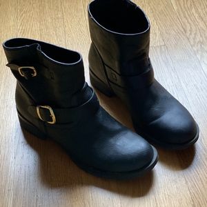 Report black biker ankle boot, gold buckle